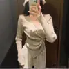 Suéter de punto con cuello en V para mujer, suéter de manga larga con cintura francesa, irregular, para otoño e invierno