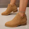 Botas de cuero de tacón grueso para talla grande, adelgazantes, con cremallera trasera, estilo europeo y americano, color liso, botines para mujer, botines cortos de cuero con punta