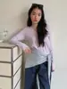 Camiseta básica de color liso con cuello en U y manga larga para mujer, top de otoño holgado y ajustado, juvenil y elegante, adecuado para ir al trabajo