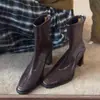 Botines de tacón alto estilo coreano, punta cuadrada, corte ajustado, para mujer, con tacón grueso, botines retro tipo Martin, botines cortos estilo británico