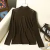 Nueva Camiseta de Malla de Manga Larga con Cuello Medio Alto para Mujer Otoño/Invierno, Camiseta Transparente en los Hombros, Top Interior Elástico Adelgazante