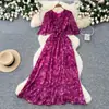 Vestido de verano para mujer con estampado floral azul estilo pastoral francés, manga corta, escote en V, estilo coreano, cintura entallada, vestido largo elegante y grácil