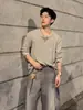 Camisa Polo de Manga Larga con Cuello Henry Estilo Old Money para Hombre, Elegante Camiseta de Textura Acanalada, Camiseta Base de Corte Limpio