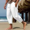 2025 Nuevo Transfronterizo Amazon Casual de Verano para Hombre con Cordón en la Cintura Bolsillo Algodón y Lino Pantalones de Nueve Puntos para Hombre Pantalones de Playa