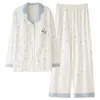 Pijama de algodão puro com peito acolchoado, conjunto de calça comprida e manga longa, tamanho plus size, cardigã com gola de lapela, roupa de casa simples feminina, estilo listrado para primavera e outono