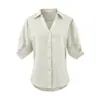 Camisa de Lino y Algodón de Color Sólido con Cuello en V de Manga Tres Cuartos para Mujer Verano Holgada Casual Ropa de Trabajo Protección Solar Camisa Ligera