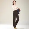 Calça reta de lã listrada marrom para mulheres, outono, forrada com fleece, espessa, cintura alta, solta, casual, estilo preguiçoso, adequada para ir ao trabalho