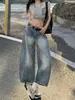Jeans Novo Estilo Scimitar para Mulheres, Estilo Americano High Street, Caimento Solto, Design Que Esconde a Figura, Calças Cropped Retas de Perna Larga para Mulheres