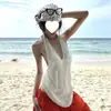 Camisola de punto con cuello halter en V, sin espalda, con ligera transparencia, estilo clásico, top sin mangas de punto de verano para mujer, corte ajustado, muy bien valorado