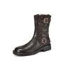 Bota Martin de caña alta por dentro y por fuera con hebilla doble de cuero genuino 2024 invierno gruesa de tacón bajo punta redonda piel de oveja bota corta talla de mujer