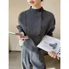 PINKEN Cardigan de Lã Irregular Cinza Escuro Gola Alta Meia Manga Feminino Inverno 2026 Nova Moda Suéter Quente