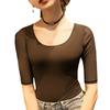 Malla Elegante Para Viajar Color Sólido Casual Algodón Negro Cuello Redondo Largo Medio Ajustado Largo Medio Jersey Camiseta Base