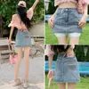 Saia Jeans Vintage Azul Bordada de Cor Contrastante Feminina Outono Fina Cintura Alta Antiderrapante Linha A Quadril Saia Antiderrapante