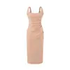 Vestido Regata com Pregas Laterais Estilo Desejo Puro Primavera e Verão Garota Picante, Vestido Longo que Marca a Cintura Acima do Joelho, Sexy e Emagrecedor