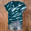 Camisa casual feminina com gola V de manga curta, estampa digital 3D de cardume de peixes em gradiente retrô transfronteiriça, personalizável