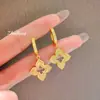 Pendientes de Trébol de Cuatro Hojas Huecos Cepillados Estilo Bucci Italiano, Clips para Orejas y Pendientes Largos de Ráfaga Estelar con Incrustaciones de Diamantes Retro Franceses para Mujer