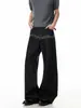 Jeans para hombre estilo retro americano con bordado de notas musicales, corte recto holgado estilo callejero, color original, pantalones hasta el suelo