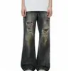 Tendencia de Moda 2026 Jeans Desgastados Sucios Sentido del Diseño Nicho Rasgados Calle Alta Americana Marca de Moda Jeans Sueltos Rectos para Hombre