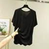 Camiseta Modal com Decote V e Manga Média para Mulheres, Tamanho Grande, Cor Sólida, Versátil, Caimento Solto, Camiseta Básica Emagrecedora, Comprimento Médio