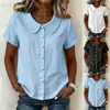 2026 Verano Europeo y Americano Transfronterizo Estación Independiente Camisa Casual Holgada de Manga Corta para Mujer Color Sólido Algodón Lino Cuello Peter Pan