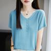 2025 Nuevo Verano Tencel Lyocell Cuello en V Punto Camiseta de Manga Corta para Mujer Jersey de Rayas Horizontales Camiseta Interior Top
