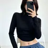 Camiseta Feminina Outono/Inverno Gola Alta Cropped Manga Longa Justa Sexy Moda Hot Girl Camada Interna Top Ombro Normal Camada Base Top para Mulheres