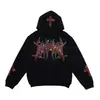 Moletom com capuz estilo Y2K escuro com strass, estampas de cruz, letras góticas e estrelas, jaqueta loose-fitting high street