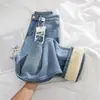 Jeans Espesso Reto com Forro de Lã para Mulheres Baixinhas, Tendência Outono e Inverno Novos Calças de Cintura Alta Soltas Estreitas de Perna Larga