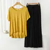 Conjunto de Pijama Casual Duas Peças Feminino de Modal com Gola Redonda e Manga Curta com Calça de Perna Larga Roupas de Casa Tamanho Plus Size Solto