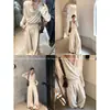 Conjunto de Tricô Cruzado Série Shu Juan com Cintura Marcada e Calça Wide Leg Novidades Outono/Inverno Conjunto de Duas Peças Feminino Cinza Damasco