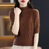 Nueva camiseta fina de verano para mujer, cuello semi-alto, manga corta, versátil, a la moda, holgada, top casual, tejido