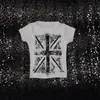 Camiseta de Manga Corta Ajustada Estilo Harajuku Redonda Estampado en Caliente de Strass Cruzado Retro Americano Europeo y Americano y2k