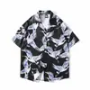 Camisa Floral Estilo Hong Kong com Lapela, Jaqueta Masculina Estampa de Garça, Marca Trendy Europeia e Americana de Caimento Solto Ins Streetwear Americano Manga Curta