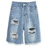 Talla Grande Verano Nueva Moda Shorts de Mezclilla Deshilachados 115kg Shorts Casuales de Largo Medio para Mujer 7318