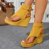 Sandálias Femininas de Camurça com Salto Anabela de Solado Grosso, Bico Fino, Aumentadoras de Altura, Tamanho Grande, Novo Estilo de Verão, Costas Abertas, Cano Alto, Sapatos Femininos Europeus e Americanos