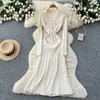 Vestido Longo de Manga Comprida com Lapela de Alto Padrão Vintage Estilo Francês com Botões Metálicos, Caimento Justo, Elegante Vestido de Tricô com Listras Verticais