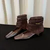 Em estoque/Botas Western Perfuradas para Mulheres, Couro Macio, Botas de Cano Curto Quadradas Vintage, Fita Trançada, Zíper Traseiro, Mary Jane Salto Médio
