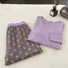 Pijama morado con estampado de estrellas, estilo dulce y femenino para mujer, conjunto de ropa para el hogar de manga larga y pantalón holgado, talla grande, para principios de otoño