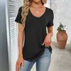 Camiseta de Verano Nueva Estilo Europeo y Americano para Mujer, de Waffle, Cuello en V, Manga Corta, Holgada, Talla Grande, Color Sólido, Adelgazante, Moderna, Versátil y Casual