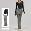 Conjunto de Dos Piezas: Top Arrugado y Pantalones Culotte Acampanados, Traje Deportivo de Yoga de Manga Larga de Dos Piezas Falsas, Cintura Alta, Elevador de Glúteos, Hombros Descubiertos
