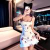 Meiyujia Bata de Noche con Tirantes Estampado de Gato Almohadilla en el Pecho para Mujer Verano Sin Mangas Falda Corta Ajustada Sexy Cintura Ajustada Falda de Cadera