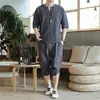 Conjunto de camiseta de manga curta de algodão e linho Verão Linho Conjunto de duas peças Masculino Estilo japonês Retrô Estilo chinês Marca da moda Calças cropped soltas