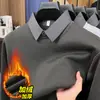 Suéter grosso com forro de fleece para outono e inverno, gola de camisa, camisa base de tricô quente para homens de meia-idade, contém lã de ovelha