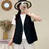 Chaleco de Lino con Cuello en V para Mujer Chaleco Corto sin Mangas Estilo Otoño 2026 Cardigan Elegante Simple Holgado Versátil Chaleco Camisa para el Trabajo