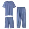 Pijama de Tres Piezas de Algodón Viscosa para Hombre Primavera y Verano Manga Corta Pantalones Cortos Pantalones Jersey para Hombre Ropa de Casa Talla Grande Verano