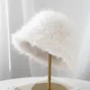 Sombrero de Pescador de Felpa para Mujer, Engrosado de Invierno, Adelgazante de Rostro, Cálido, Versátil, Lindo Sombrero de Cubo Peludo Estilo Coreano