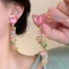 [Flor de Melocotón Cara Humana "Rosa Retro Flor Larga Pendientes de Organza Primavera y Verano Nuevos Pendientes Exagerados de Gama Alta
