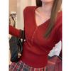 Camisa Básica Chic de Malha de Alta Qualidade para Mulheres no Início do Outono, Gola V Justa com Botões, Ajuste na Cintura, Camada Interna Rejuvenescedora