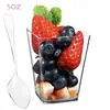 Amazon en stock 120ml plástico cuadrado trapezoidal cáscara de madera taza para postre 4oz con tapa y cuchara taza para mousse