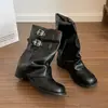 Botas Western Cowboy Retrô Femininas 2026 Novas Outono Botas Plissadas com Salto Bloco Bico Redondo Cano Curto Botas de Equitação